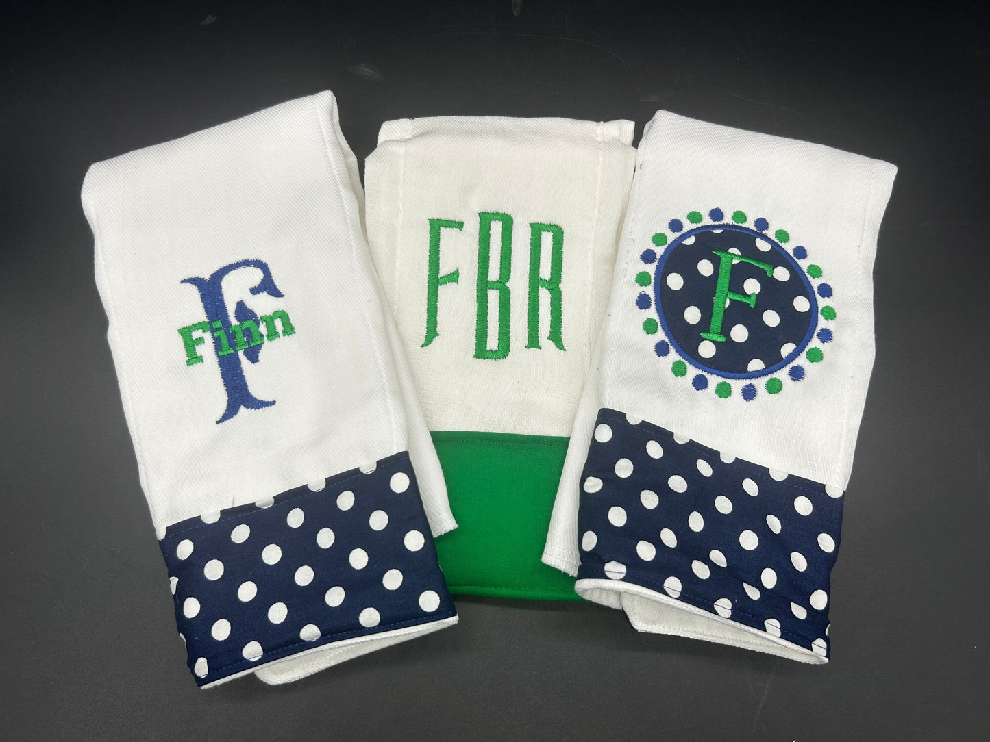 Baby Boy or Girl Monogram Polka Dot Navy and Green Burp Cloth Set