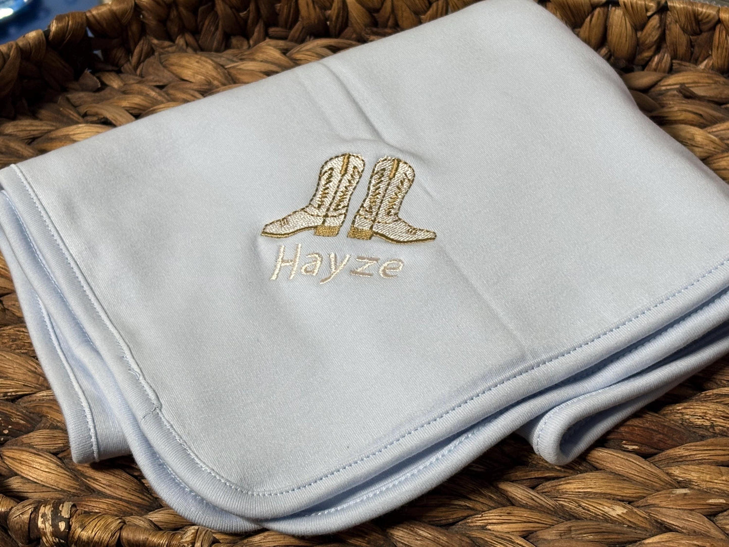 Cowboy Theme Monogram Blue Baby Blanket with Boot Design