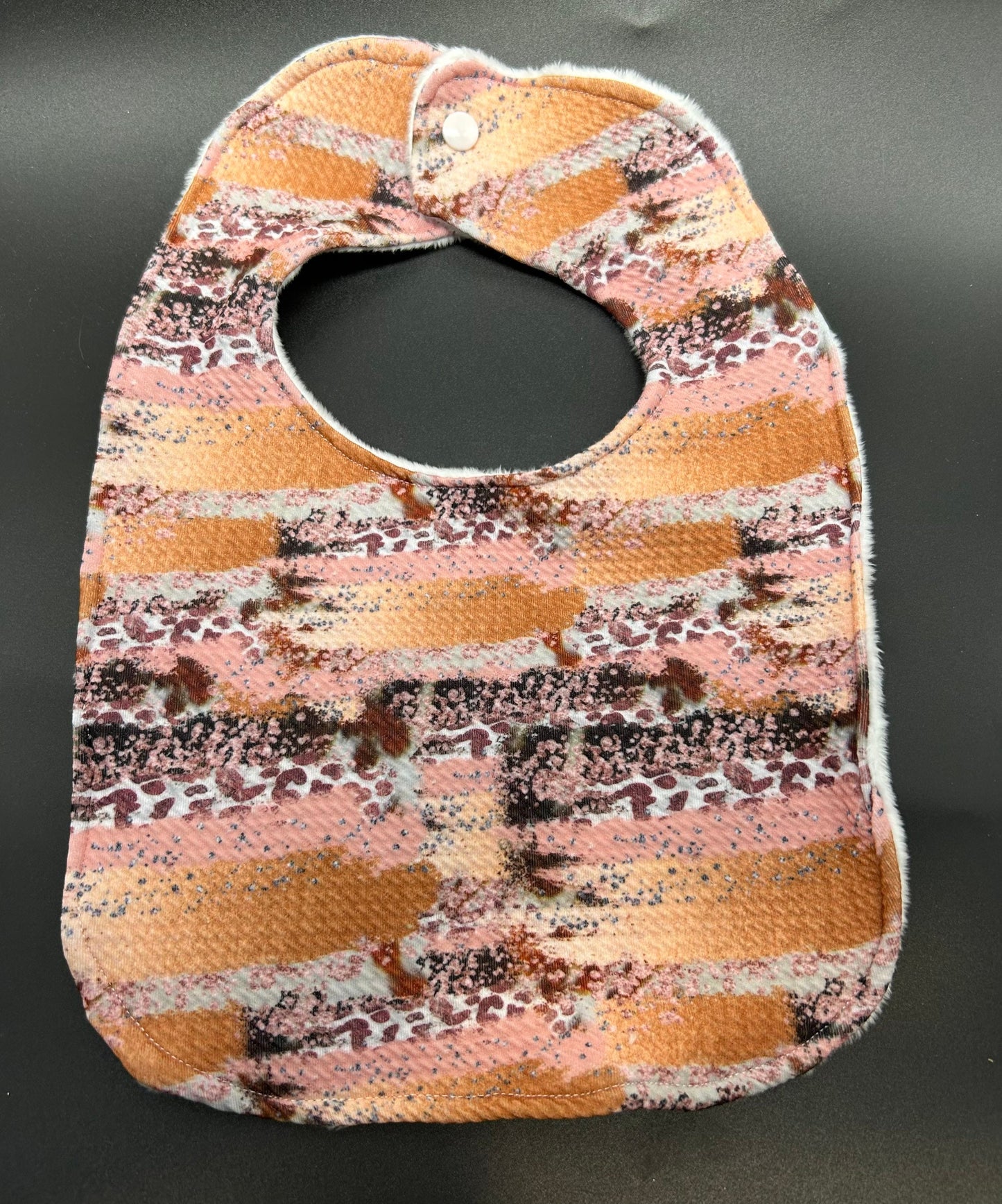 Animal Print Baby Bib: Pink Peach Coral Knit, Minky Back