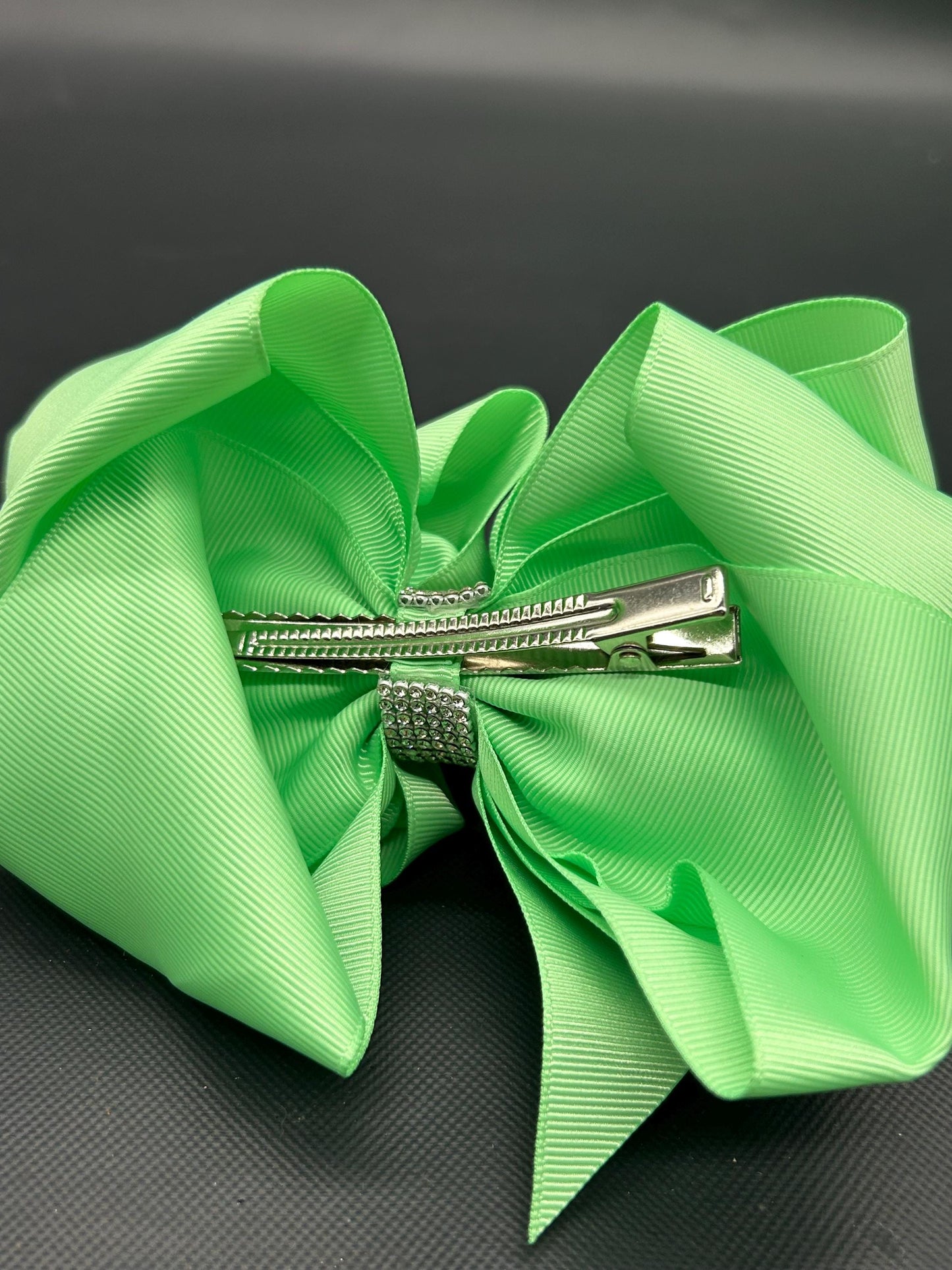 Green Cheer Hair Bow: 6 Inch Rhinestone Alligator Clip