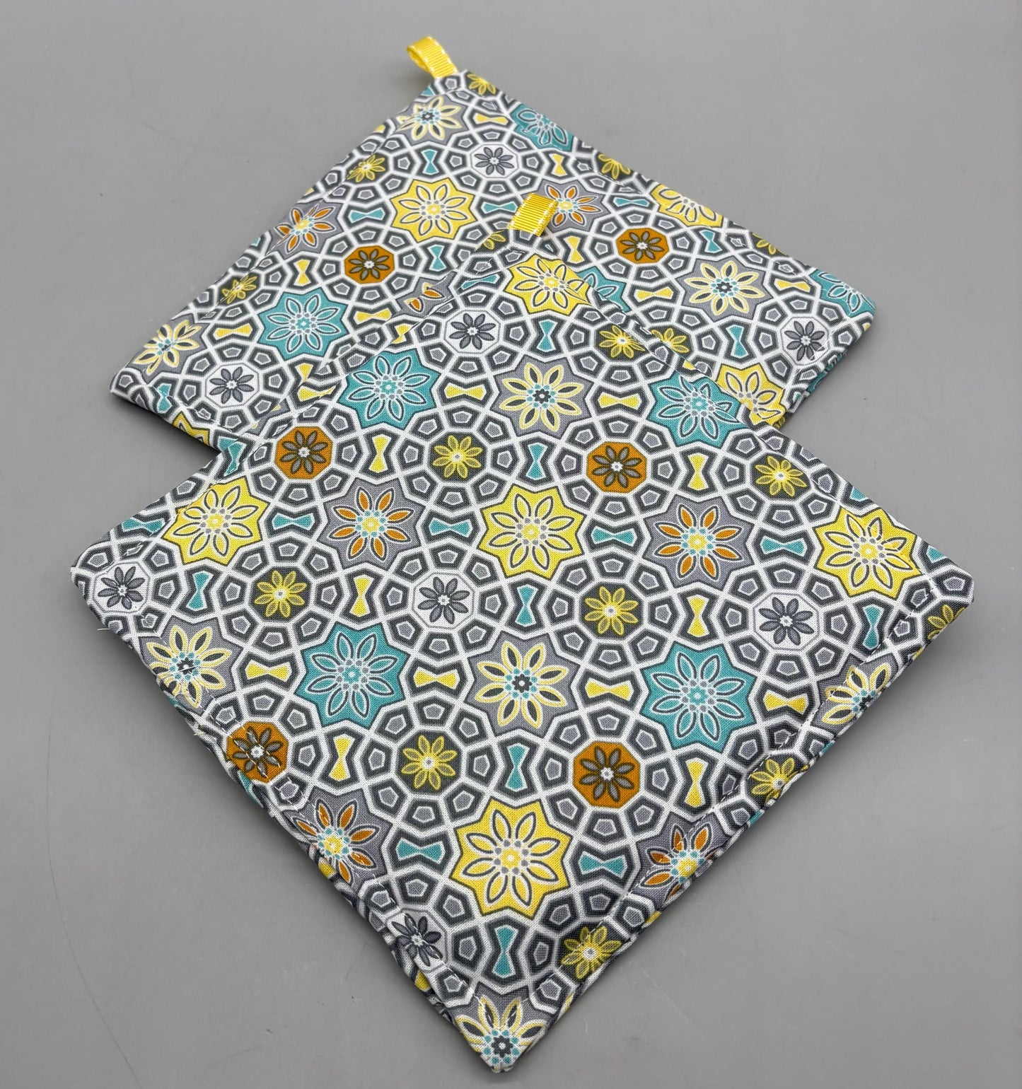 Modern Quilted Potholder Set: Gray, Blue & Yellow Cotton Hot Pads