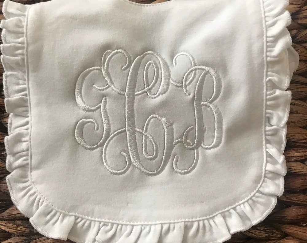 Monogram Baby Bib- White Monogram Ruffle Baby bib
