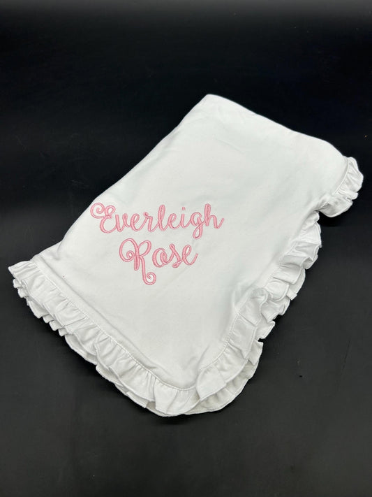 Personalized White Ruffle Baby Blanket