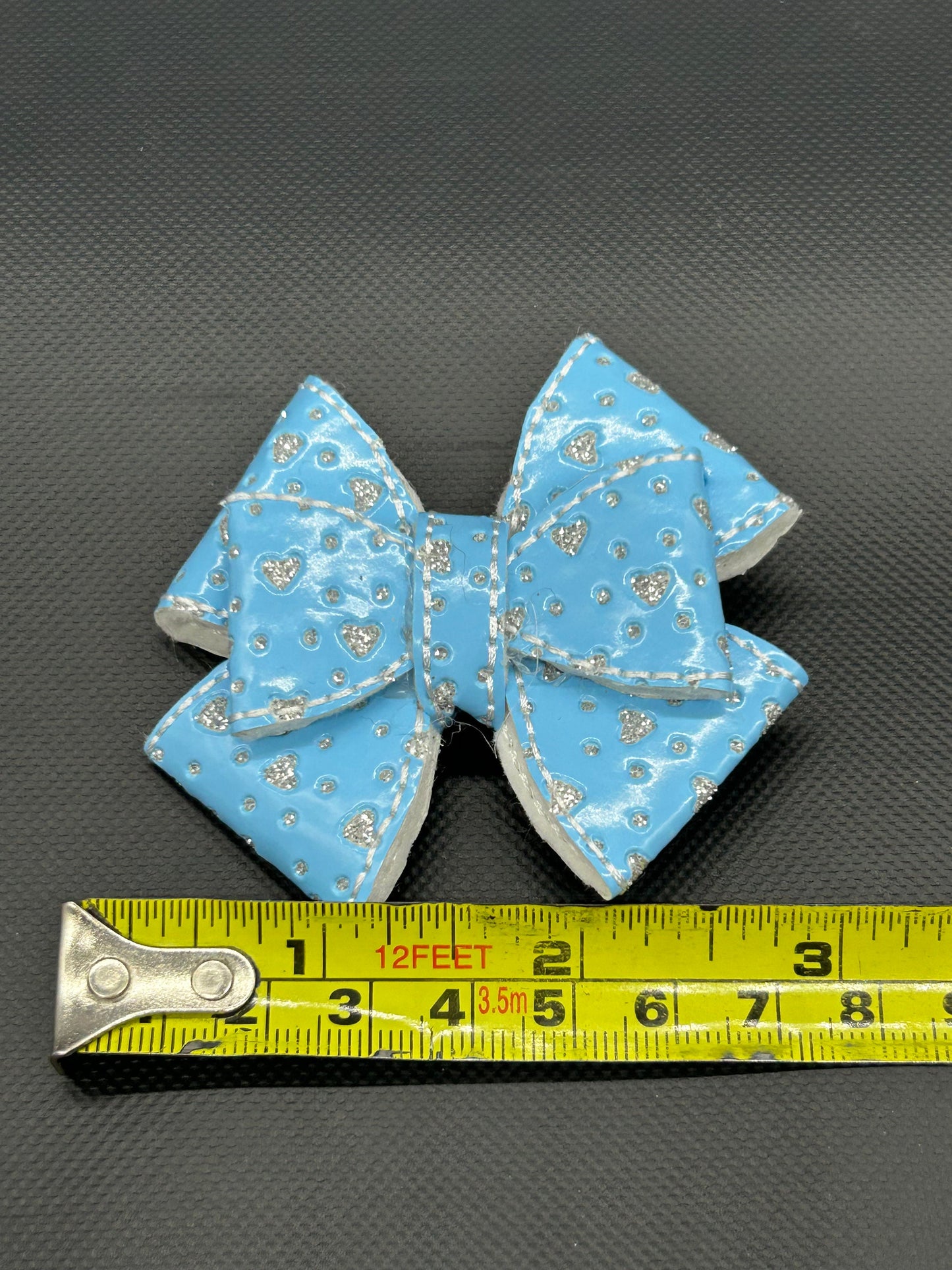 Blue Glitter Heart Faux Leather Hair Bow - Alligator Clip