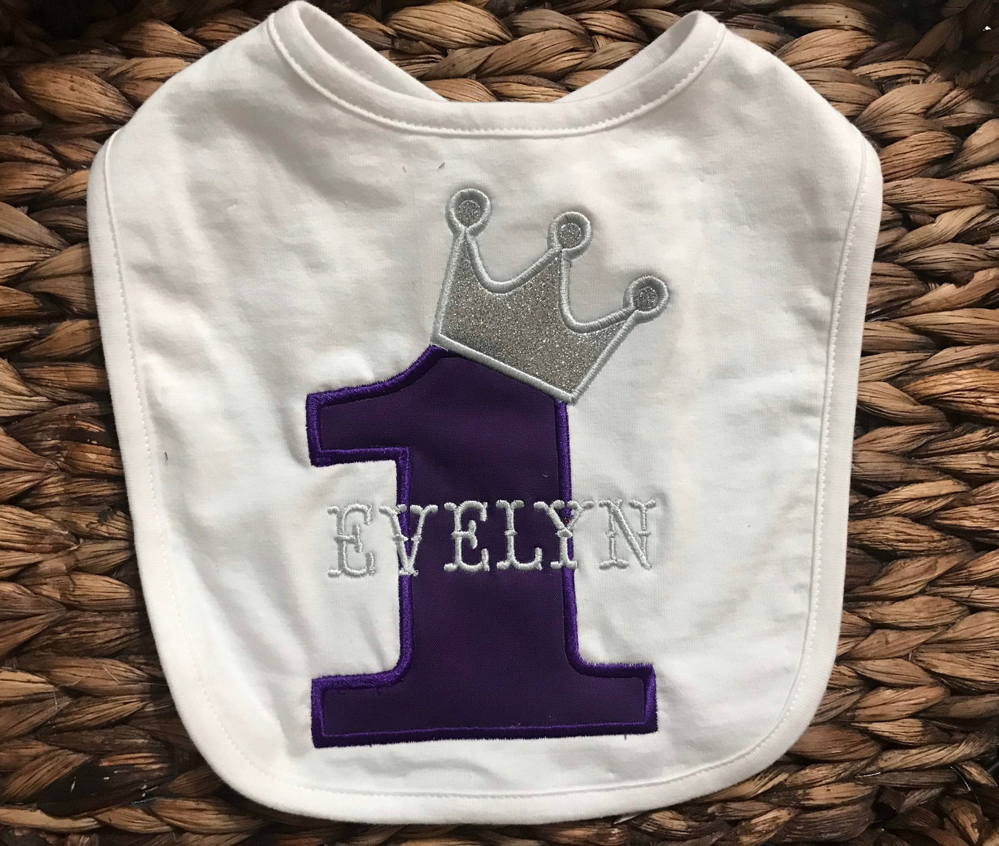 First Birthday Bib: Prince or Princess, Purple and Silver Crown