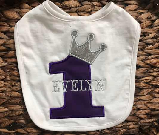 First Birthday Bib: Prince or Princess, Purple and Silver Crown