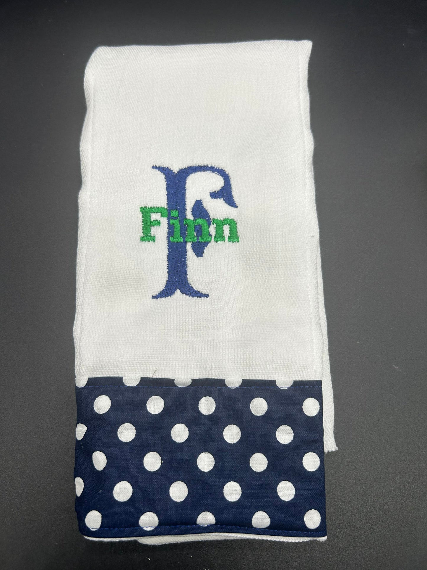 Baby Boy or Girl Monogram Polka Dot Navy and Green Burp Cloth Set