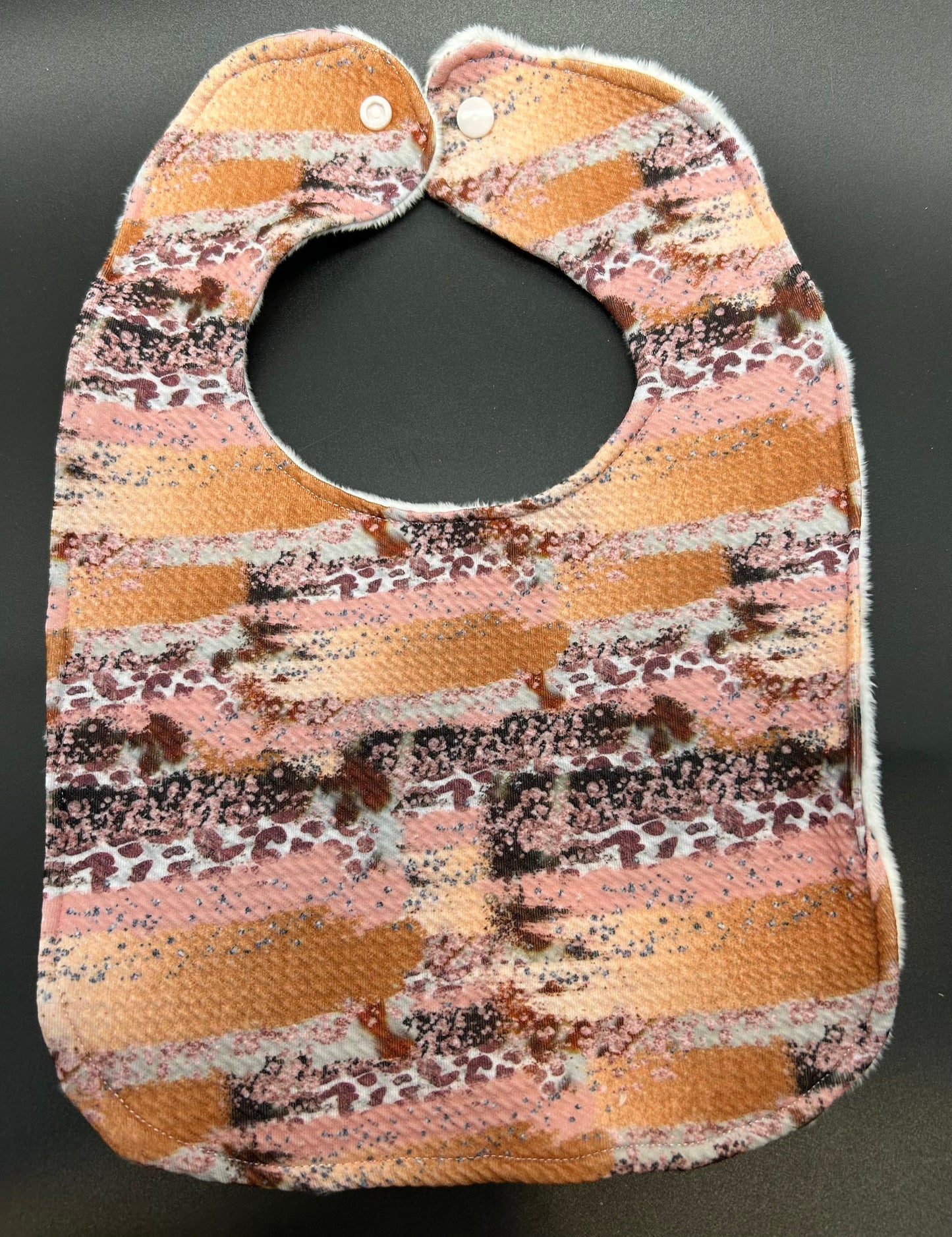 Animal Print Baby Bib: Pink Peach Coral Knit, Minky Back