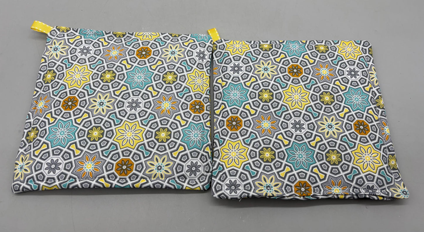 Modern Quilted Potholder Set: Gray, Blue & Yellow Cotton Hot Pads