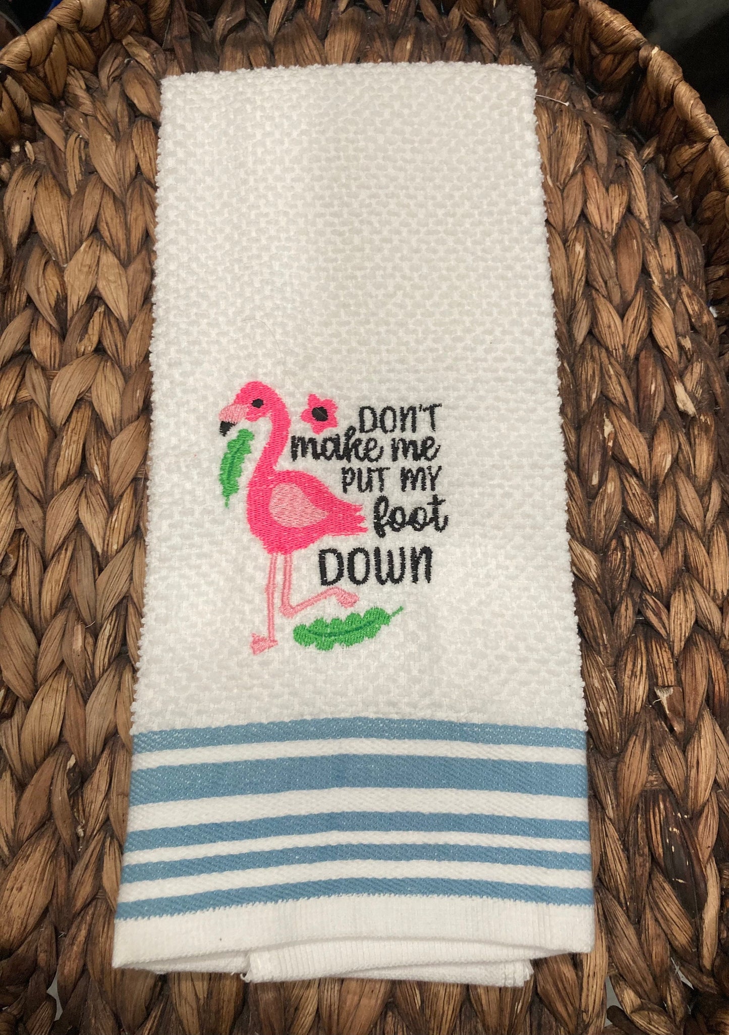 Embroidered Flamingo Kitchen Towel: Funny Quote Decor