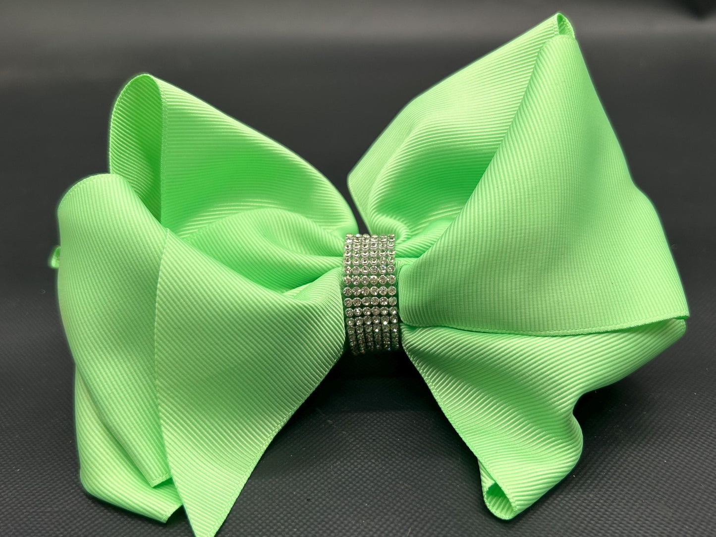 Green Cheer Hair Bow: 6 Inch Rhinestone Alligator Clip