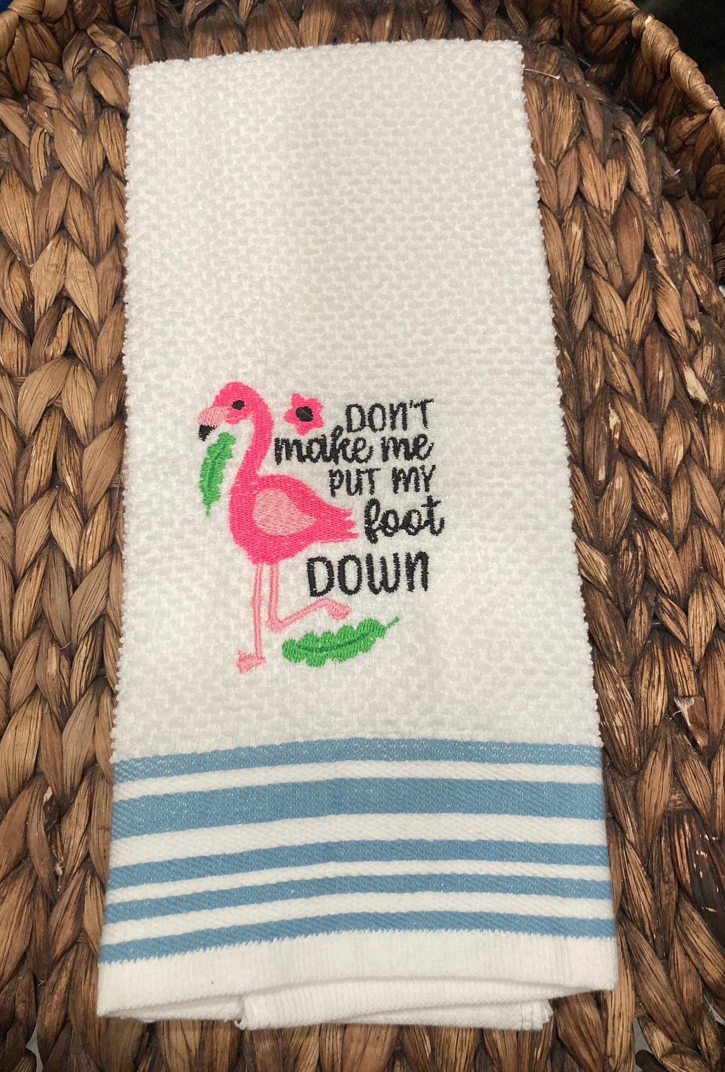 Embroidered Flamingo Kitchen Towel: Funny Quote Decor