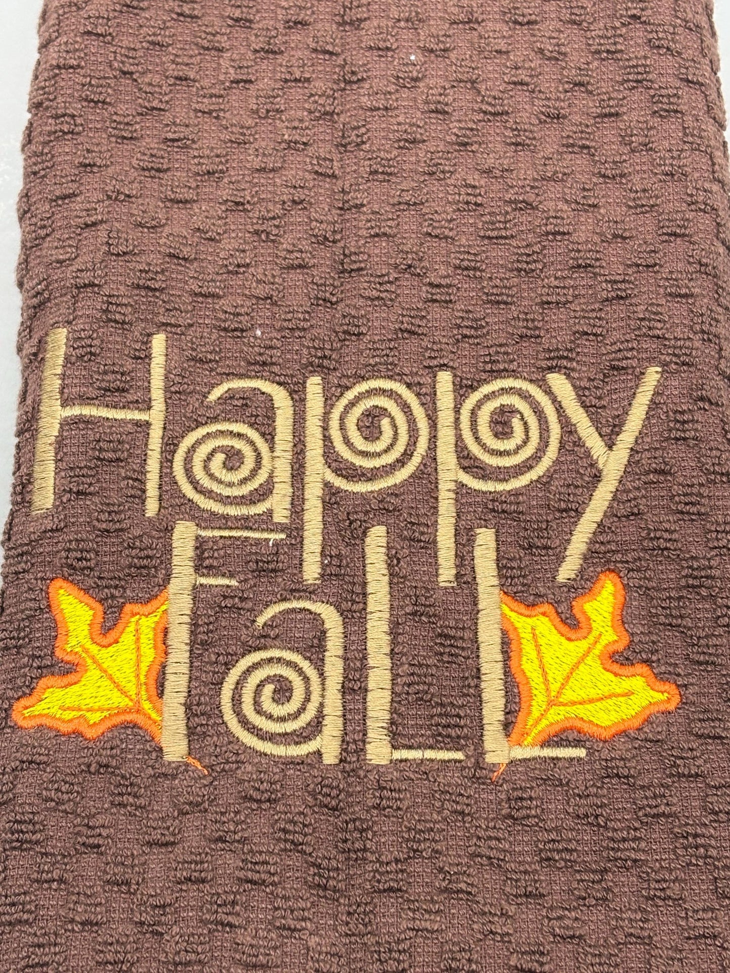 Happy Fall Brown Kitchen Towel Embroidered