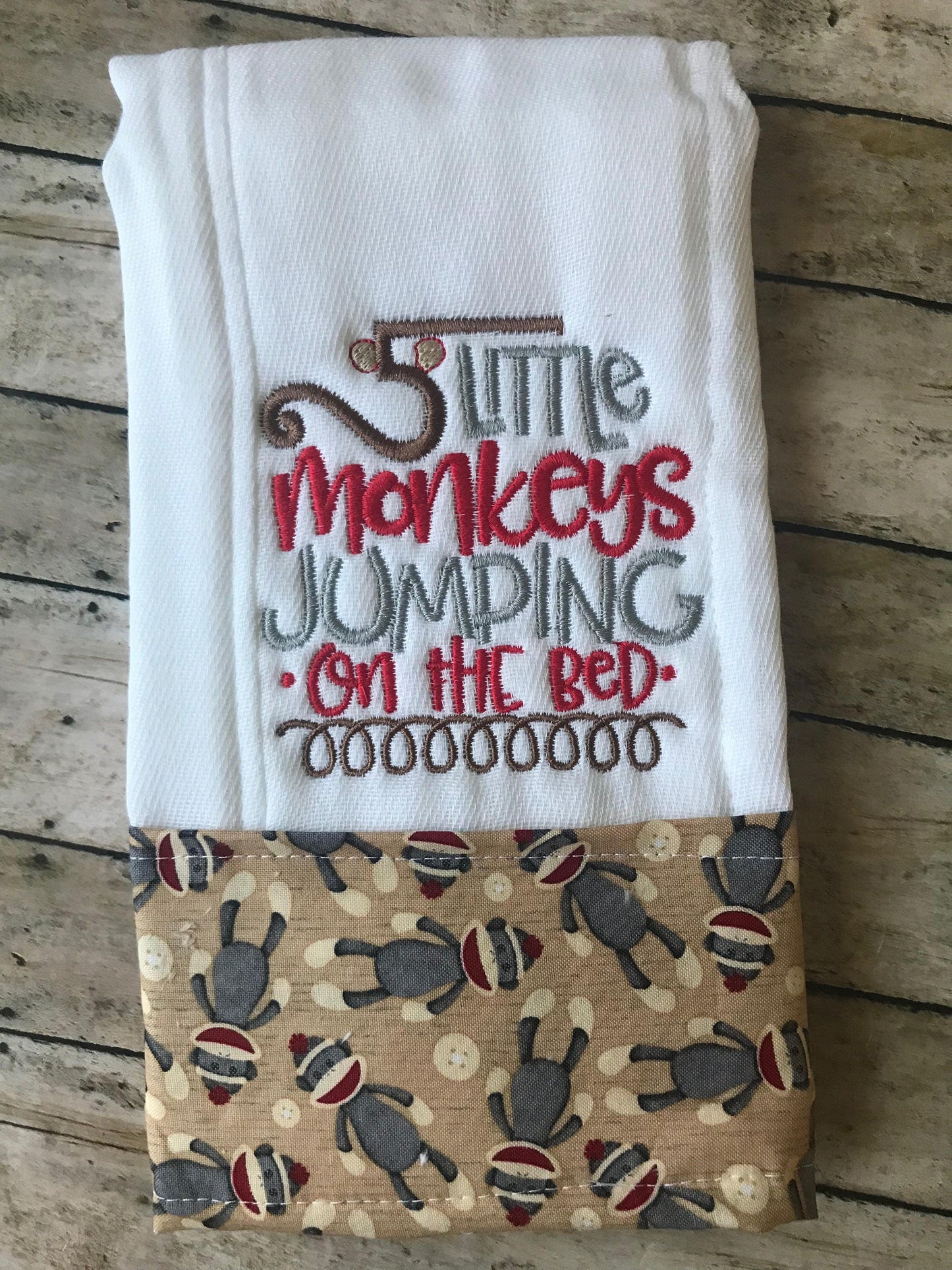 Embroidered Burp Cloth: Five Little Monkeys, Sock Monkey Trim