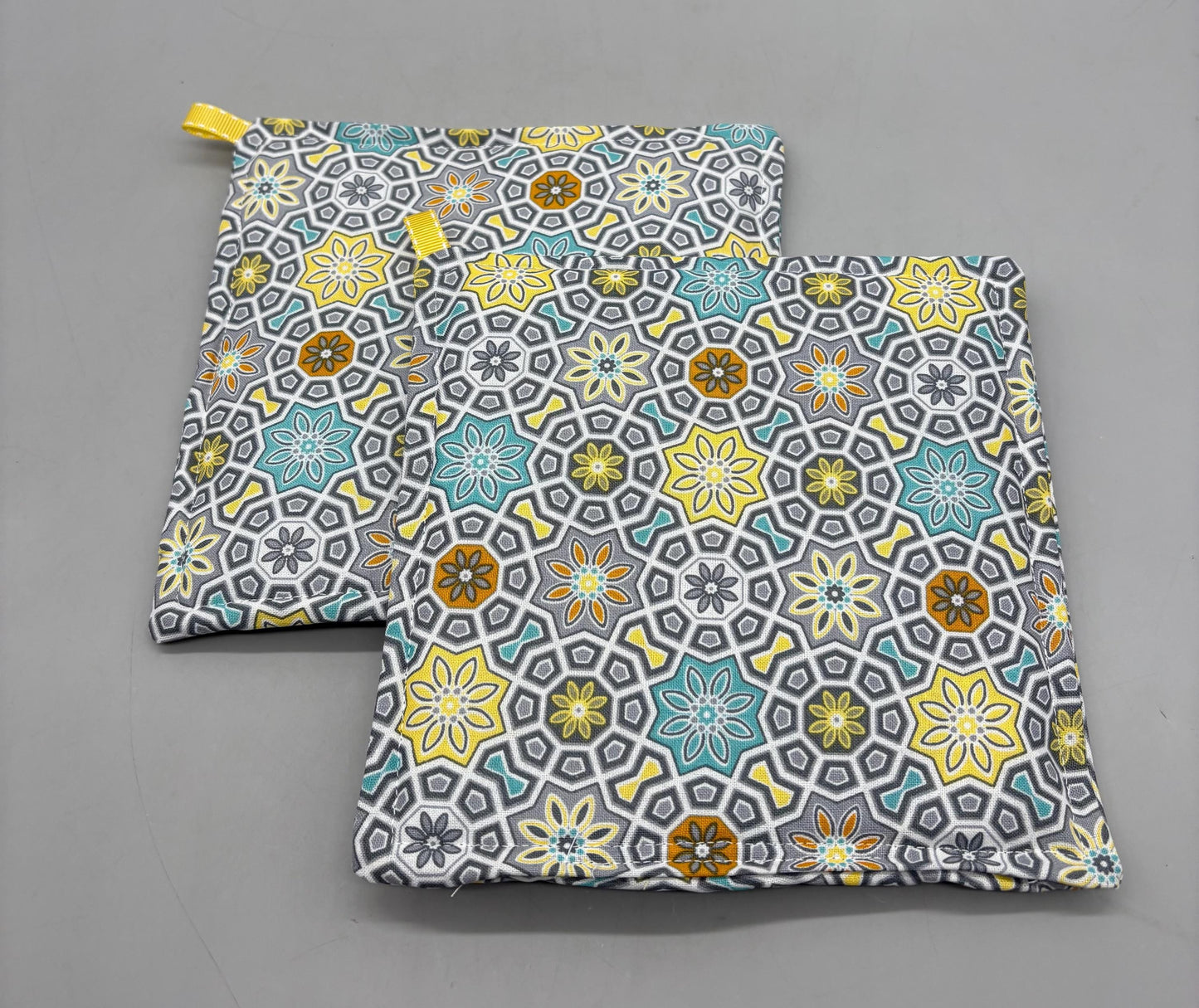 Modern Quilted Potholder Set: Gray, Blue & Yellow Cotton Hot Pads