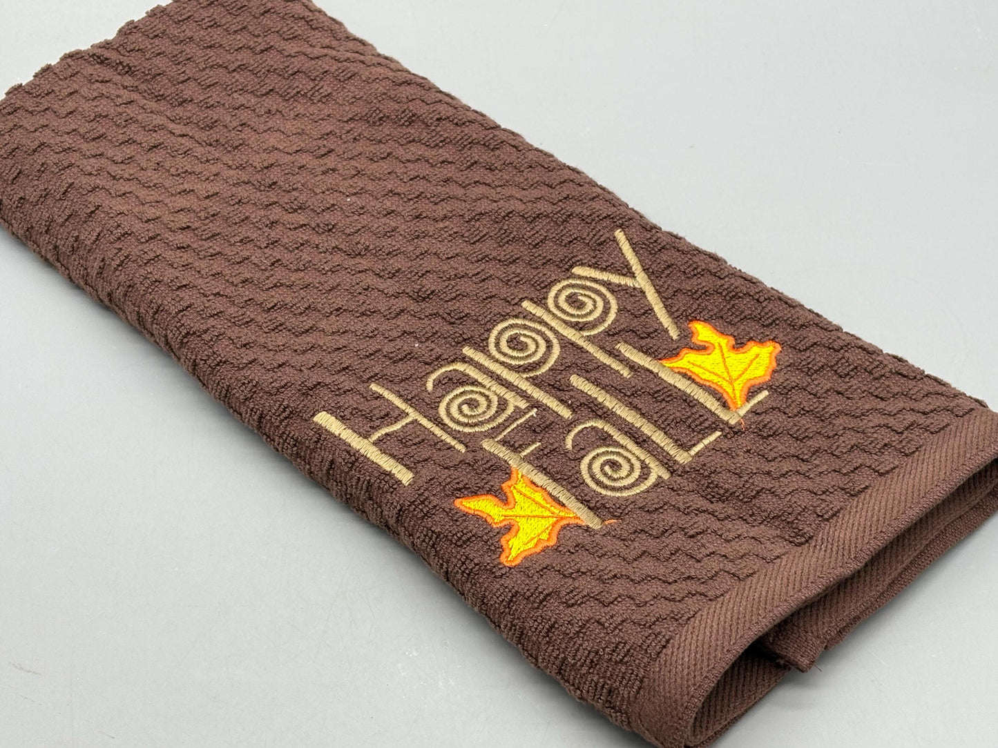 Happy Fall Brown Kitchen Towel Embroidered