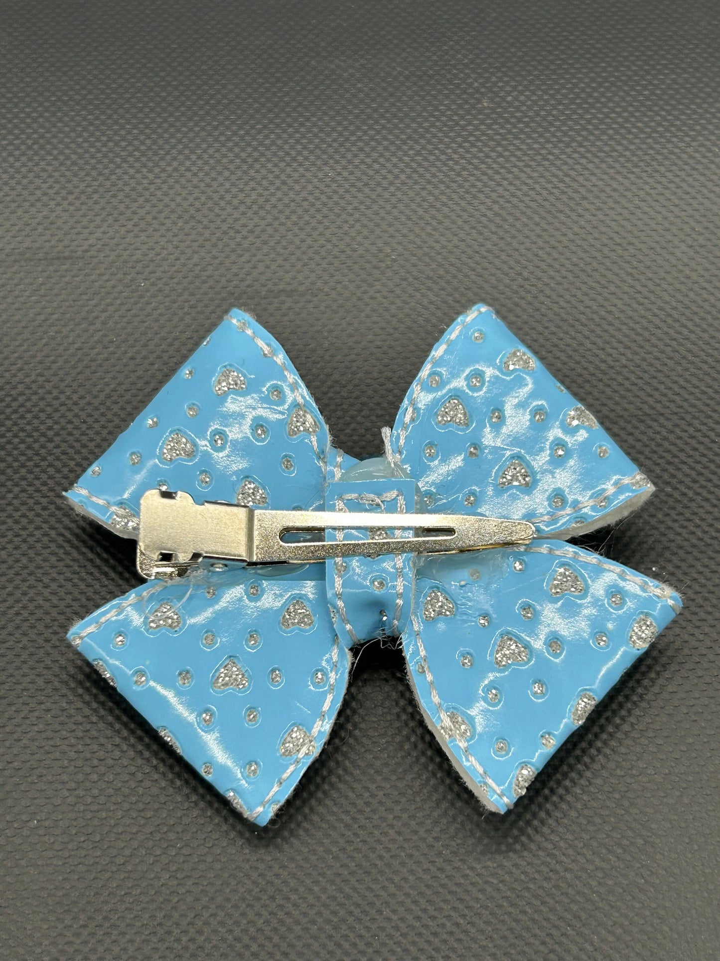 Blue Glitter Heart Faux Leather Hair Bow - Alligator Clip