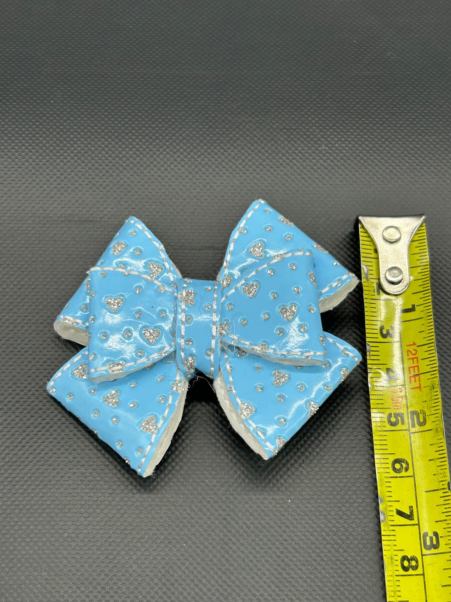 Blue Glitter Heart Faux Leather Hair Bow - Alligator Clip