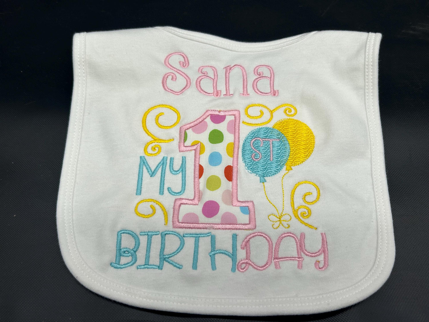 Girls 1st Birthday Bib: Pink, Purple & Aqua