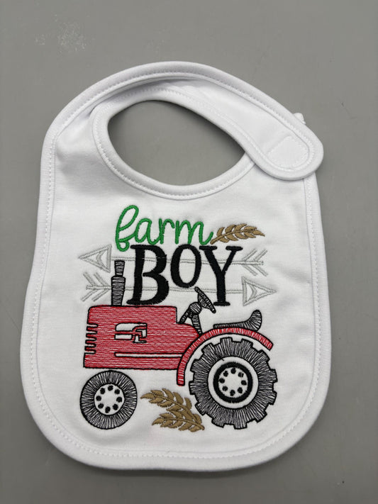 Farm Boy Tractor Embroidered Baby Bib