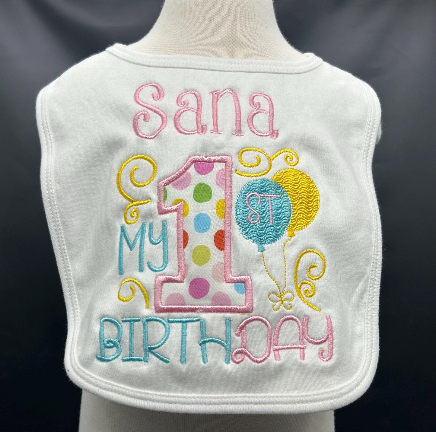 Girls 1st Birthday Bib: Pink, Purple & Aqua