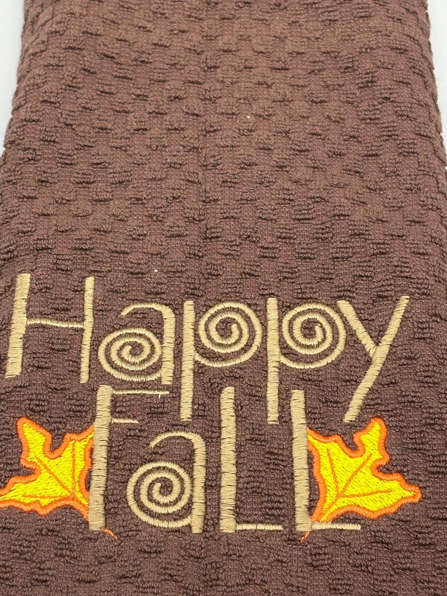 Happy Fall Brown Kitchen Towel Embroidered
