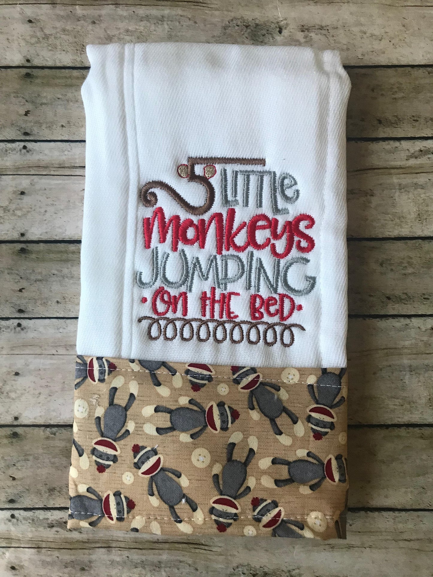 Embroidered Burp Cloth: Five Little Monkeys, Sock Monkey Trim