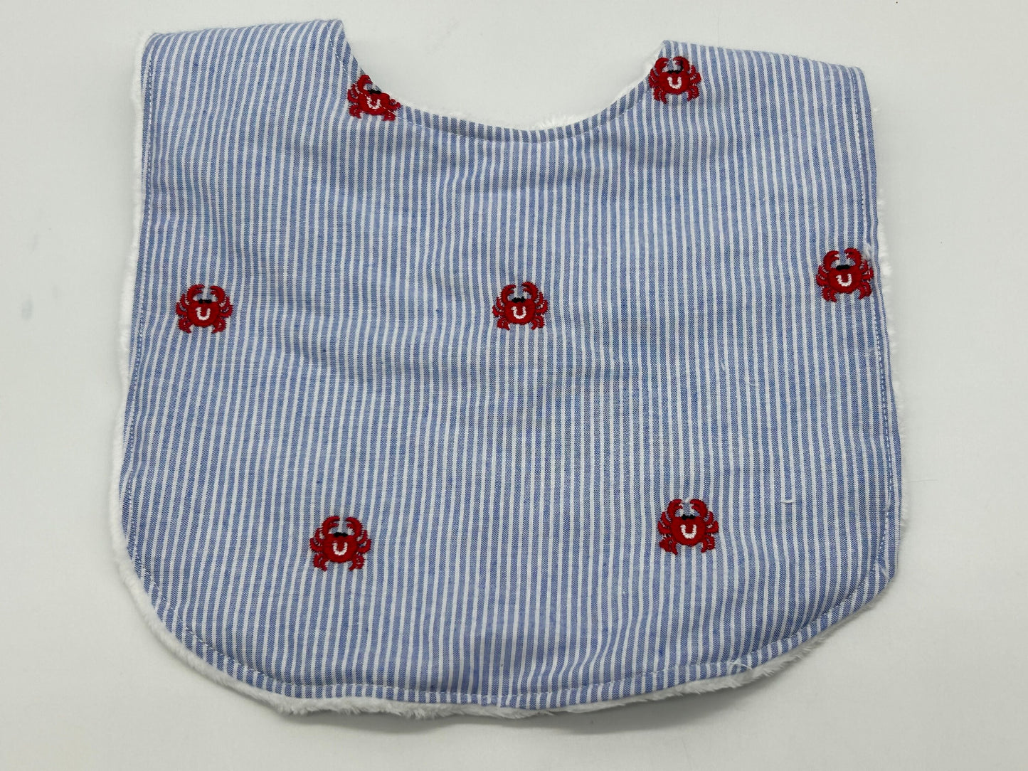 Crab Baby Bib: Nautical Blue Stripe, Personalized Minky Bib