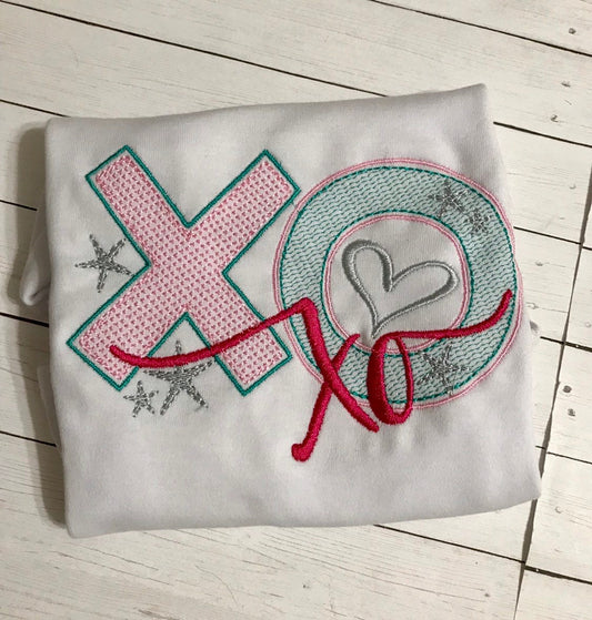 Girls Valentine Shirt: Embroidered XOXO Heart - Pinks & Teal