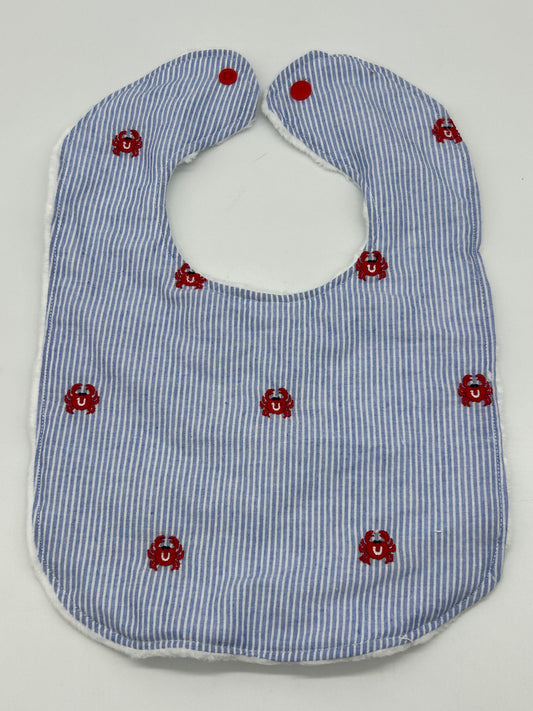 Crab Baby Bib: Nautical Blue Stripe, Personalized Minky Bib