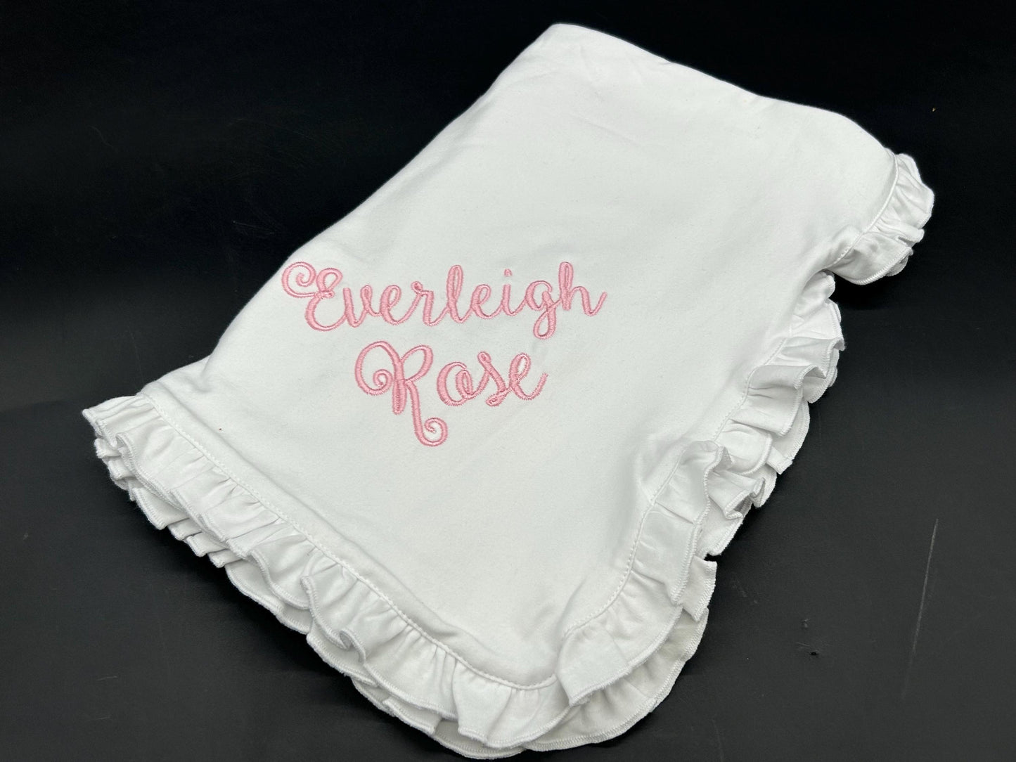 Personalized White Ruffle Baby Blanket