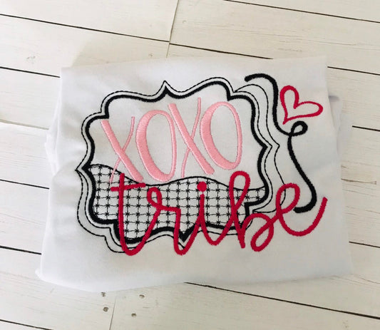 Girls Valentine Shirt: XOXO Tribe, Pink & Black Embroidered