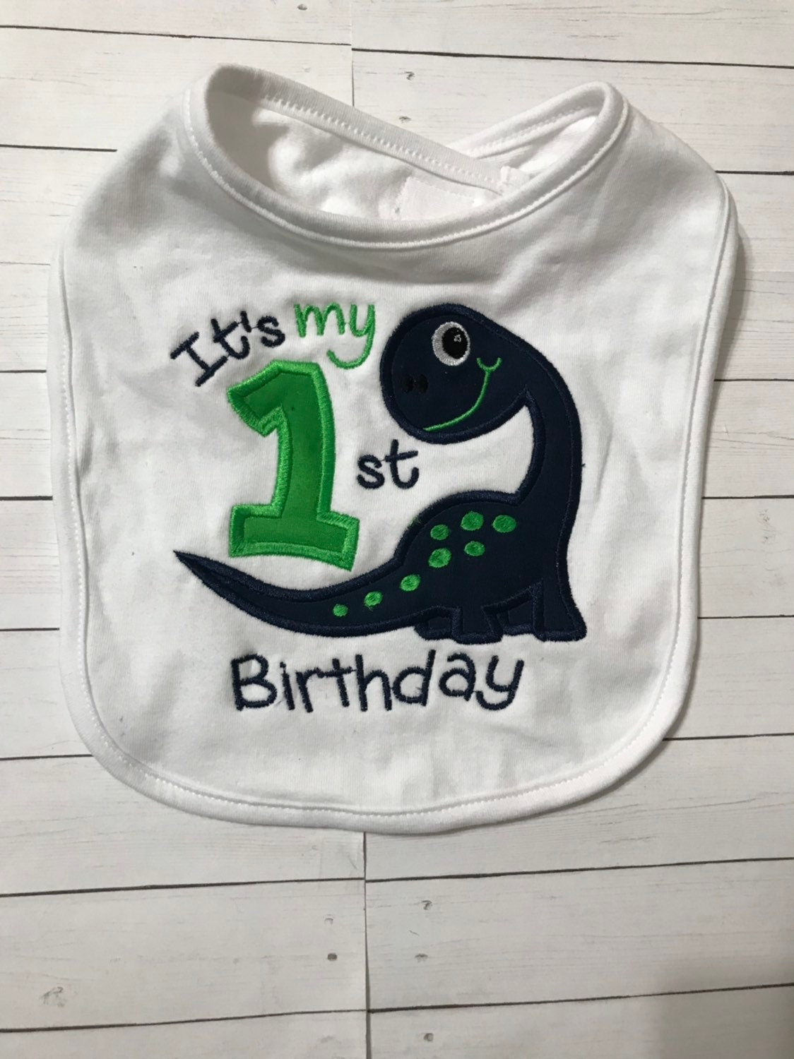 Dinosaur 1st Birthday Bib: Navy & Green Theme