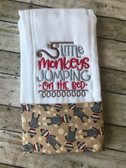 Embroidered Burp Cloth: Five Little Monkeys, Sock Monkey Trim