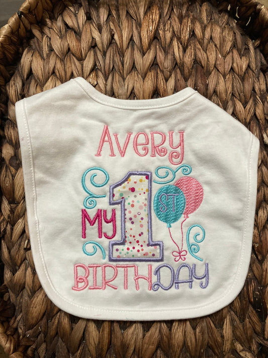 Girls 1st Birthday Bib: Pink, Purple & Aqua