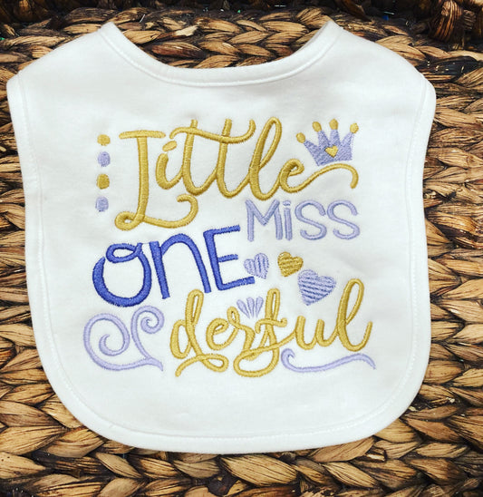 Little Miss Onederful Bib: Embroidered First Birthday Smash Cake Bib