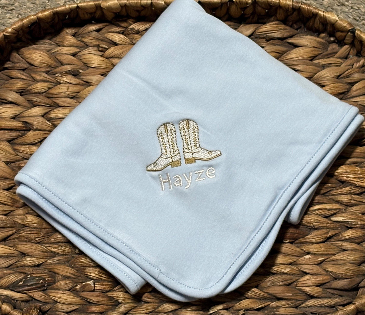 Cowboy Theme Monogram Blue Baby Blanket with Boot Design