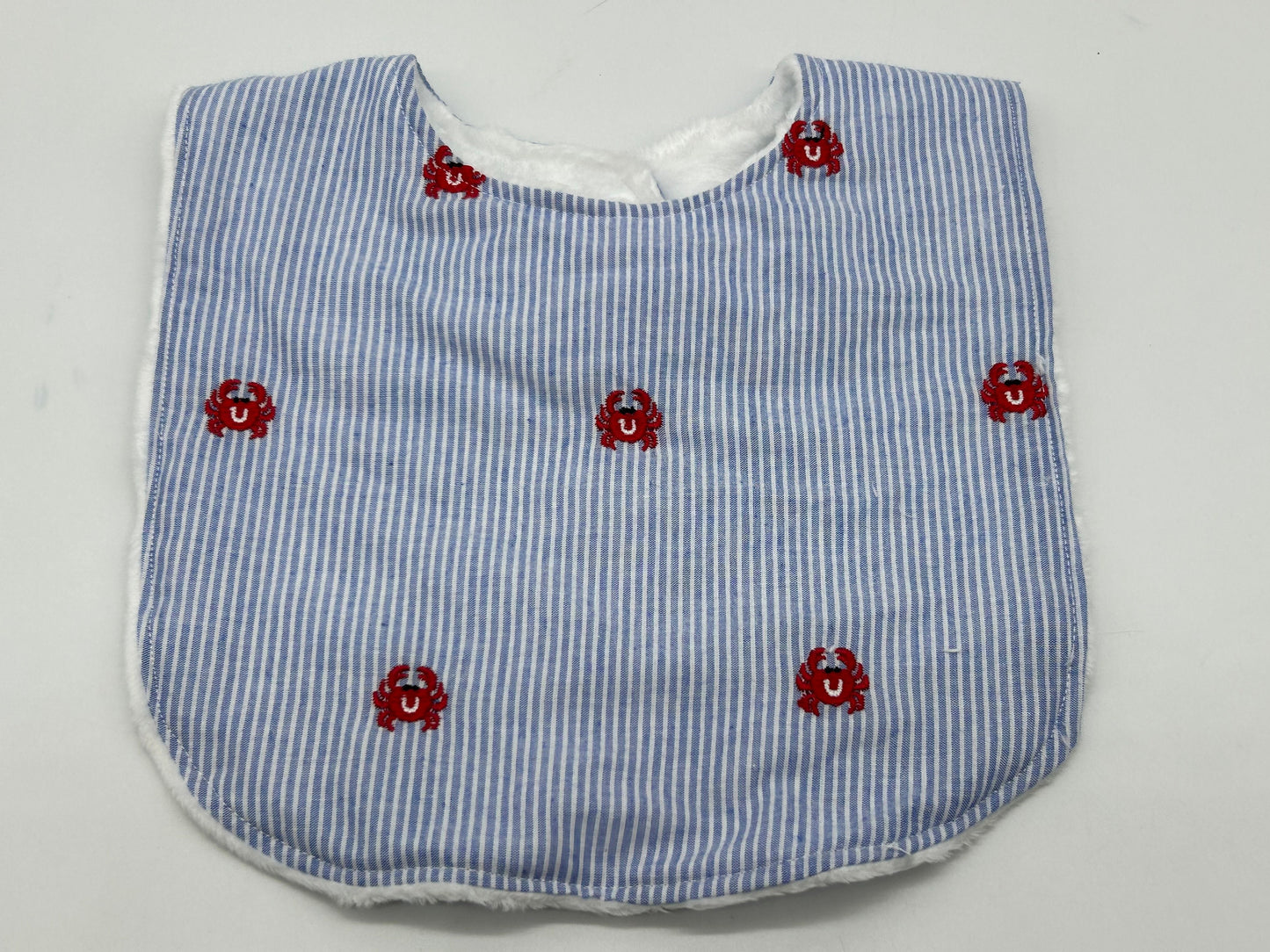 Crab Baby Bib: Nautical Blue Stripe, Personalized Minky Bib