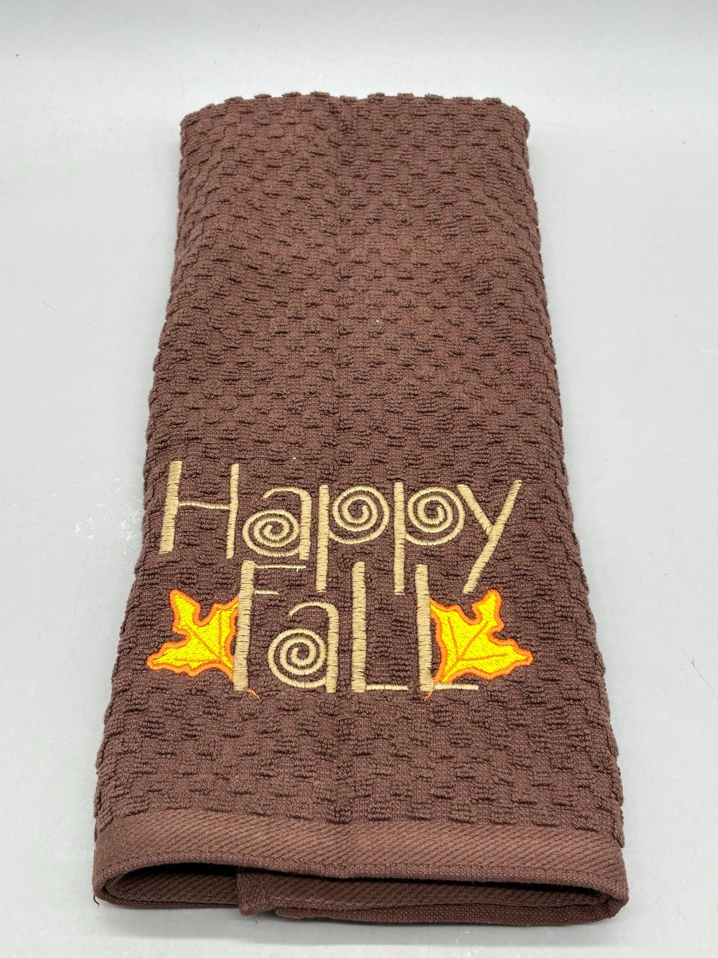 Happy Fall Brown Kitchen Towel Embroidered