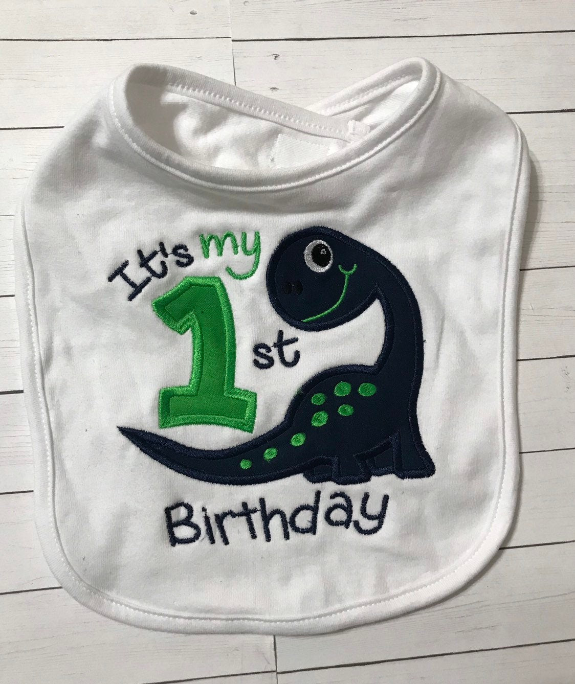 Dinosaur 1st Birthday Bib: Navy & Green Theme