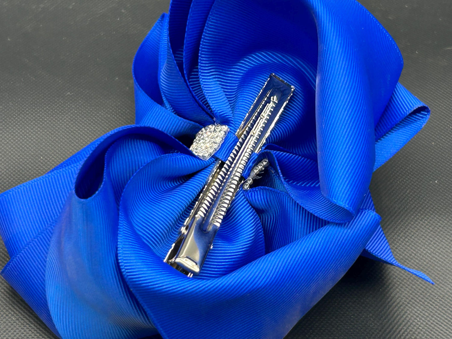 Blue Cheer Hair Bow: Rhinestone Accent, 6 Inch Alligator Clip
