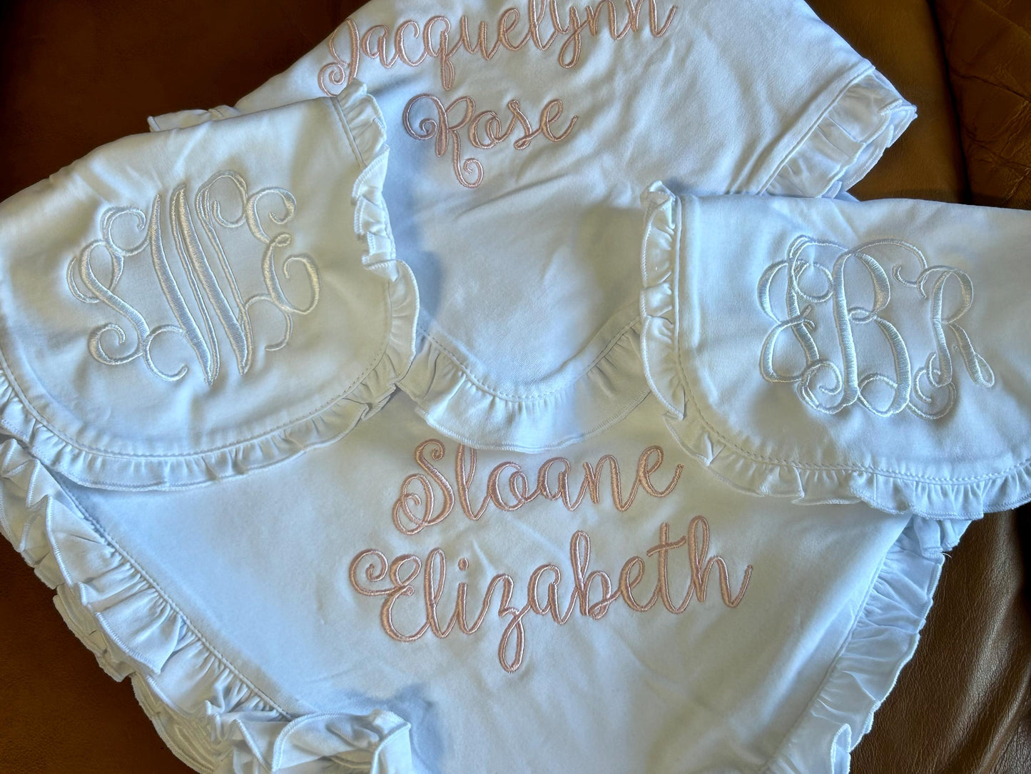 Personalized White Ruffle Baby Blanket