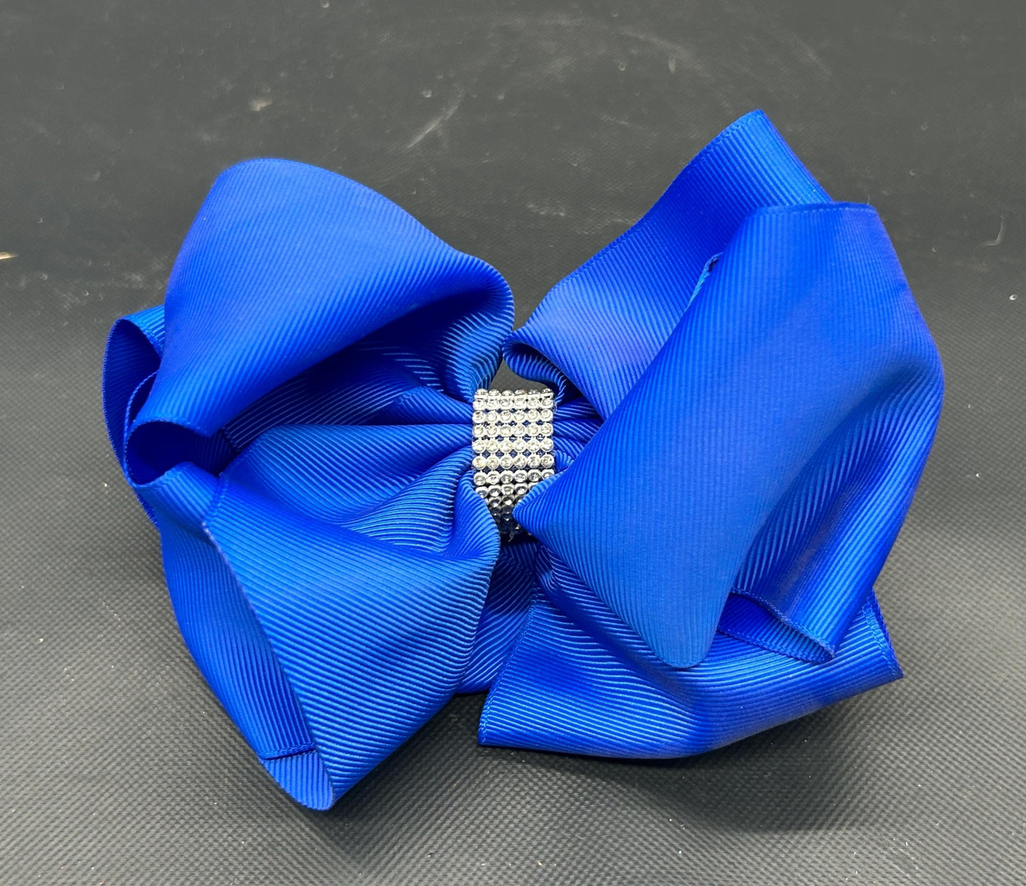 Blue Cheer Hair Bow: Rhinestone Accent, 6 Inch Alligator Clip