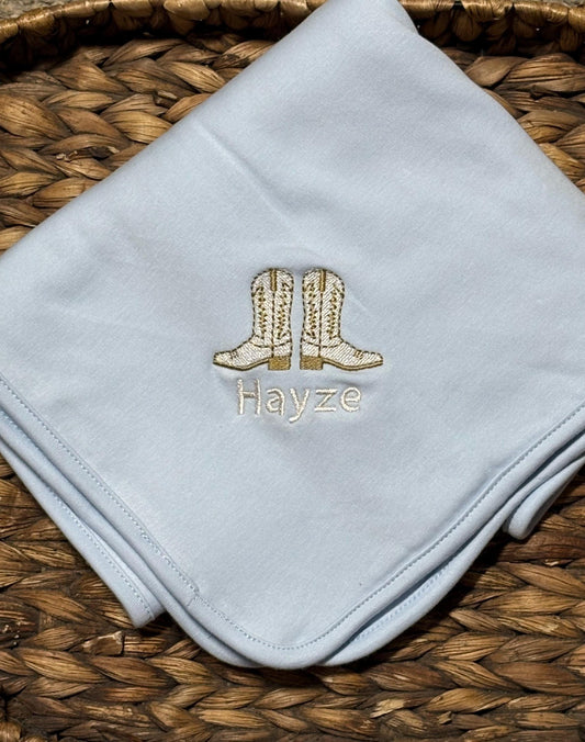 Cowboy Theme Monogram Blue Baby Blanket with Boot Design