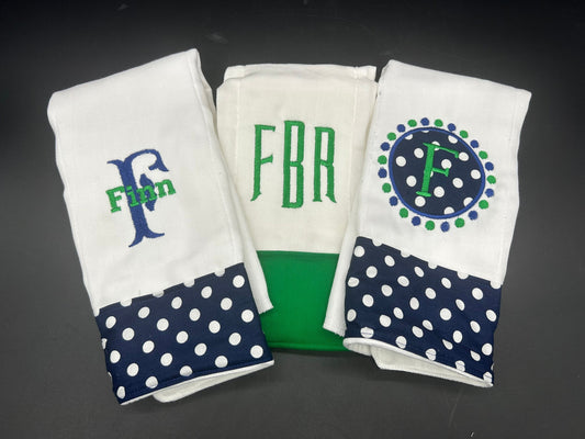 Baby Boy or Girl Monogram Polka Dot Navy and Green Burp Cloth Set