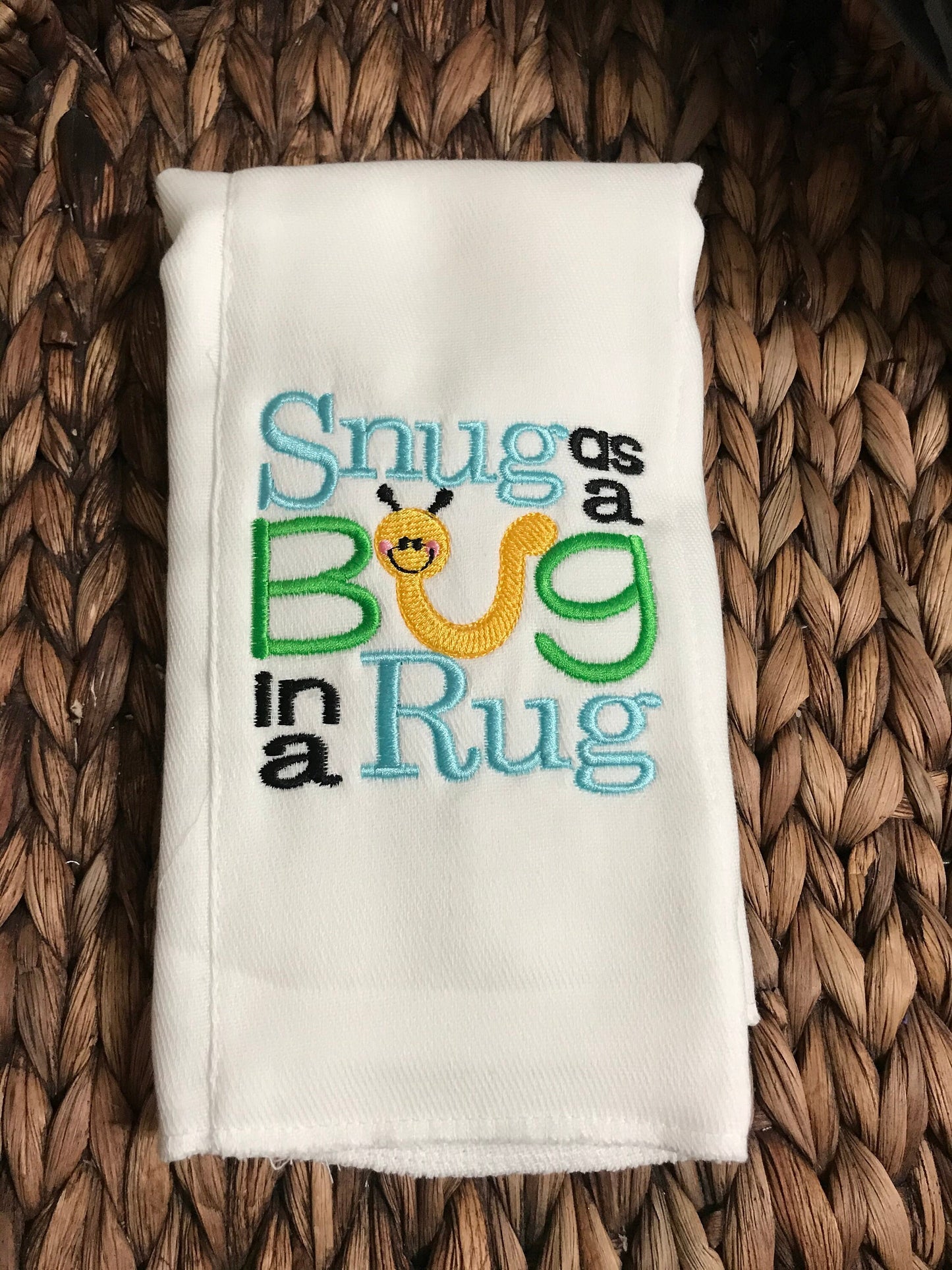 Embroidered Baby Burp Cloth: Snug as a Bug in a Rug