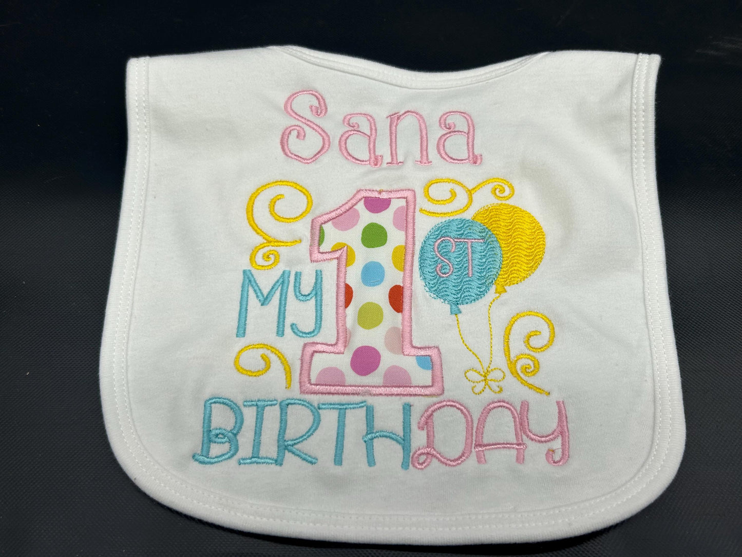 Girls 1st Birthday Bib: Pink, Purple & Aqua
