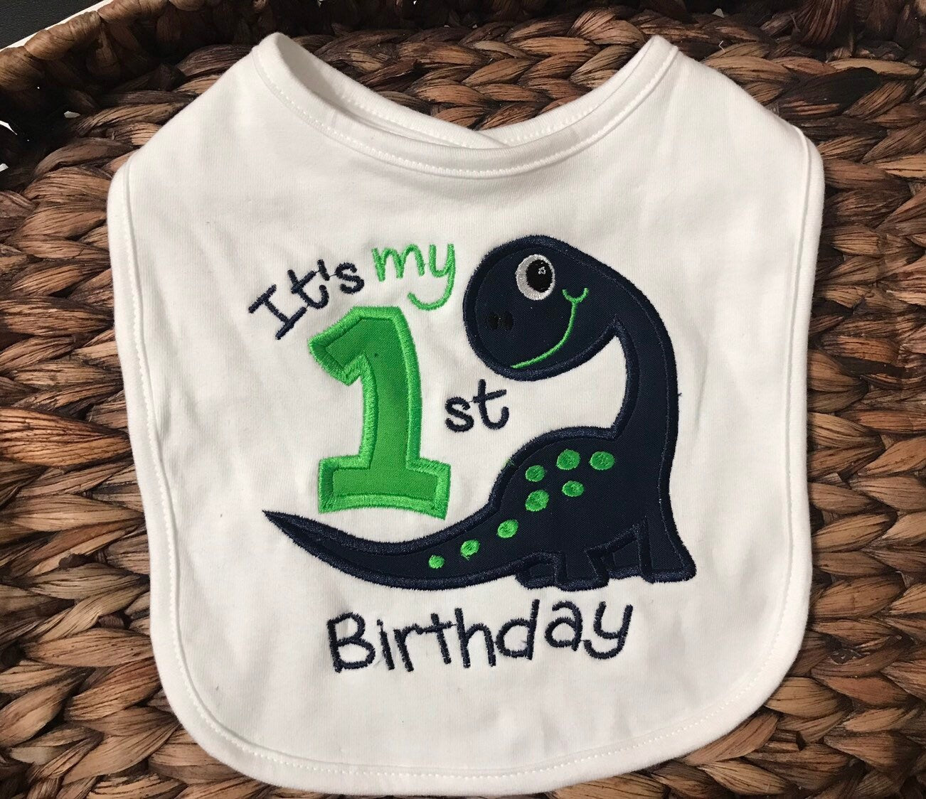 Dinosaur 1st Birthday Bib: Navy & Green Theme