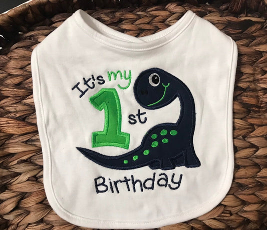 Dinosaur 1st Birthday Bib: Navy & Green Theme