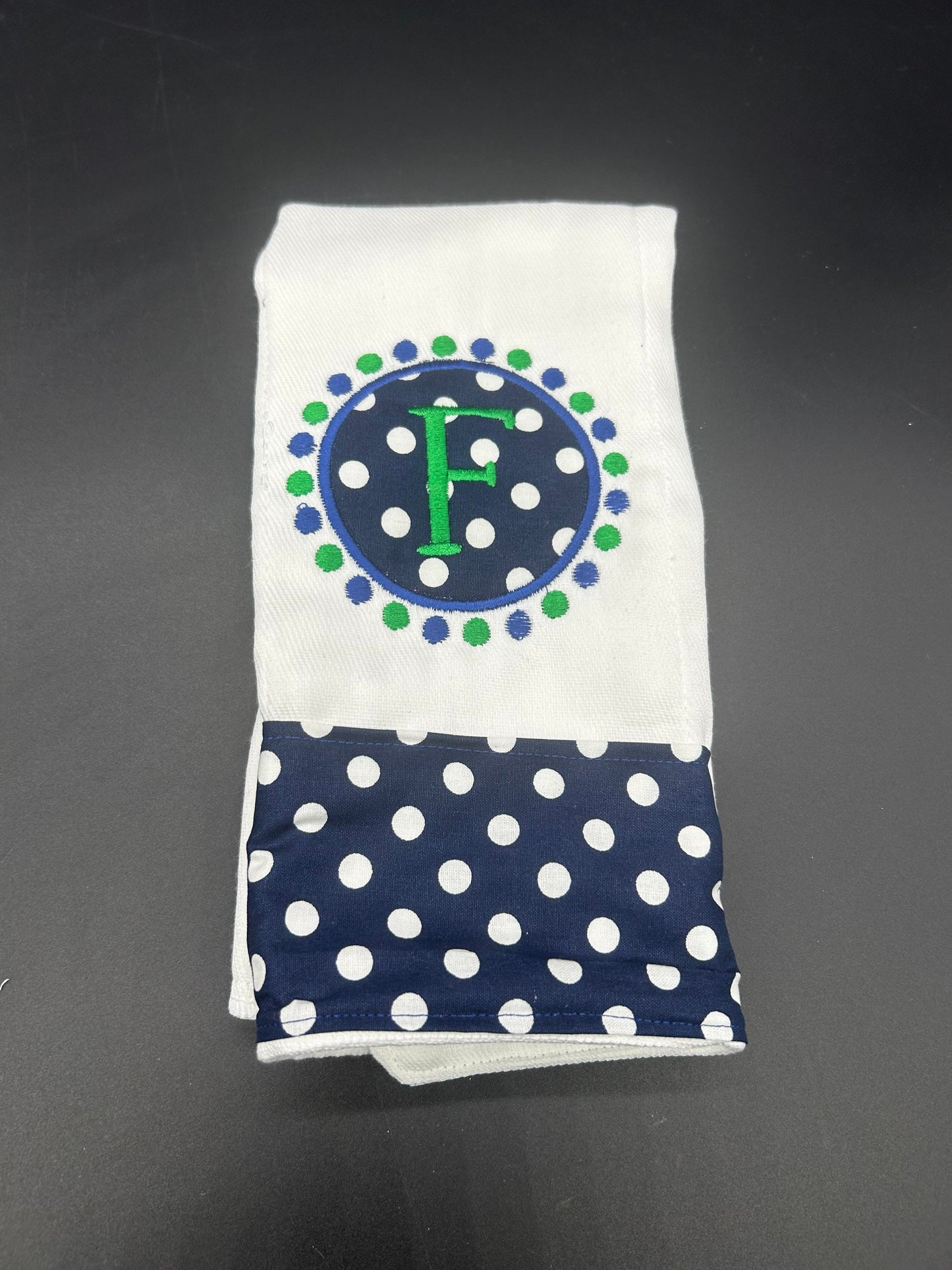Baby Boy or Girl Monogram Polka Dot Navy and Green Burp Cloth Set